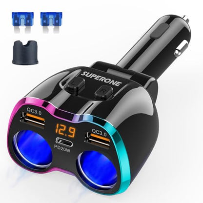Cigarette Lighter Splitter, 180W 2-Socket Cigarette Lighter Adapter - color: Pinkish Blue
