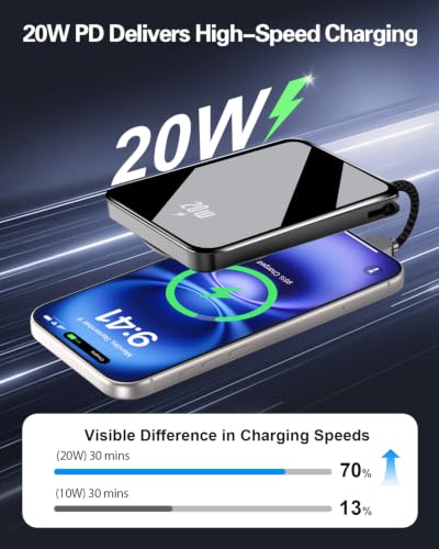 golioklsy Portable Charger Power Bank, 10000mAh Phone Charger with Built-in Cable, 20W PD Fast Charging, Slim Battery Pack with LED Display, Travel Essential for iPhone 17/16/15/14 All Series, Black - color: 01.Black