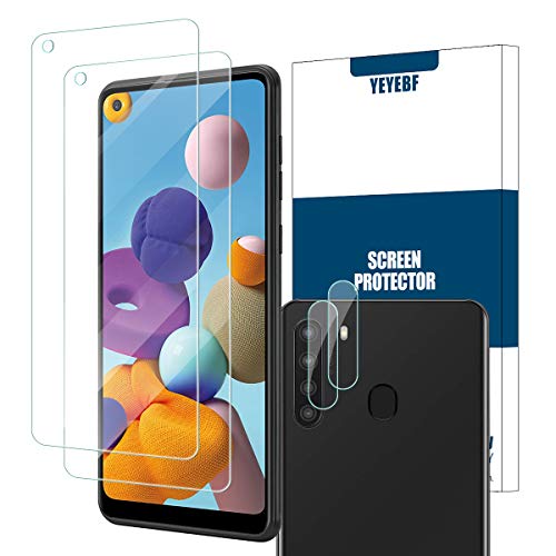 YEBF Galaxy A21 HD Clear Tempered Glass Screen Protector + Camera Lens Protectors by YEYEBF,[2+2 Pack] [3D Glass] [Anti-Glare] [Bubble-Free] Screen Protector Glass for Samsung Galaxy A21 - size: Galaxy A21