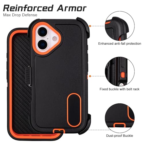 Defender for Phone Case iPhone 17 Case with Belt Clip Holster Black Orange | Heavy Duty Rugged Protective Phone Case, Dual Layer Shockproof Cover - color: Black-Orange