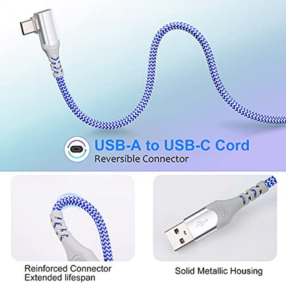 Eversame Right Angle USB C Cable(4-Pack 10ft), Nylon Braided USB A to USB C Charger Fast Charging Cord Compatible with Samsung Galaxy S24 S23 S8 S9 S10 Plus S20, Note 20 10 9 8, LG V50 V40, iPhone 15 - color: Blue White Purple Pink