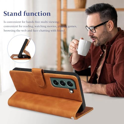 Wallet Case for Galaxy S22, RFID Blocking, 4 Card Slots, Brown | For Samsung Galaxy S22 6.1 inch, PU Leather Flip Cover, Protective TPU Shell, Magnetic Closure, Stand, Wrist Strap - color: Brown