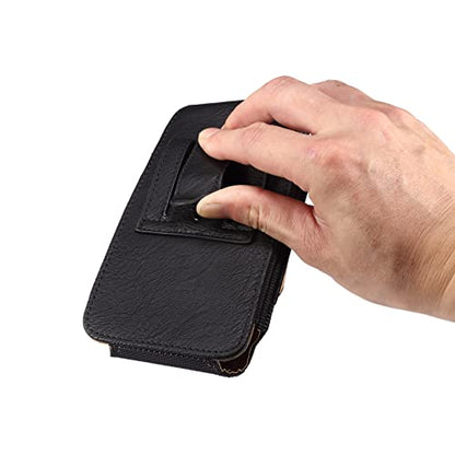 Cell Phone Belt Clip Bag Leather, Mobile Phone Blet Pouch Mens, Universal Waterproof Leather Smartphone Belt Loop Holster with Card Holder Carabiner Hook Wallet Purse Pocket for Outdoor Sport Travel - color: Black