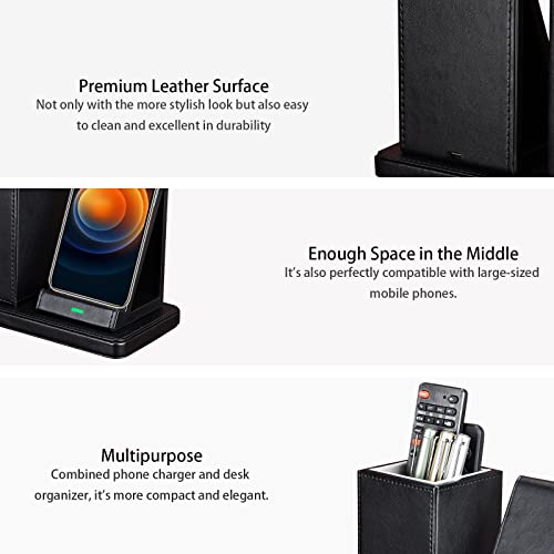 Wireless Charger with Desk Organizer, Wireless Charging Station for iPhone 13/13 Pro Max/13 Pro/12 Series/11/XS Max/XR/X/8Plus/SE 2, Wireless Charging Stand with Leather… (Black) - color: Black