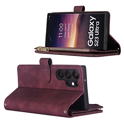 iCoverCase for Samsung Galaxy S23 Ultra Wallet Case with Card Holder, Kickstand Feature PU Leather Case with Adjustable Crossbody Lanyard Magnetic Clasp Zipper Pocket Flip Cover (Claret) - color: Claret, size: Galaxy S23 Ultra