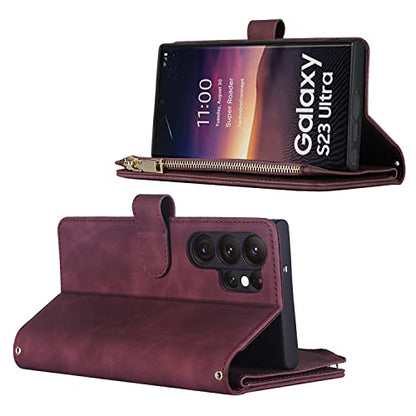 iCoverCase for Samsung Galaxy S23 Ultra Wallet Case with Card Holder, Kickstand Feature PU Leather Case with Adjustable Crossbody Lanyard Magnetic Clasp Zipper Pocket Flip Cover (Claret) - color: Claret, size: Galaxy S23 Ultra