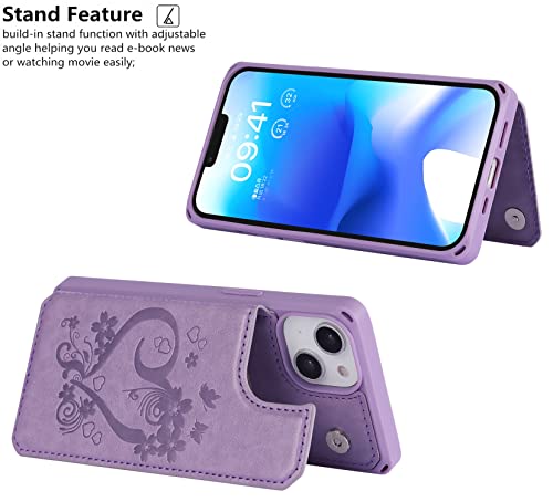 iCoverCase Compatible with iPhone 14 Wallet Phone Case with Card Holder for Women, RFID Blocking Embossed PU Leather Wrist Strap Case 6.1 Inch (Heart Purple) - color: H-Purple