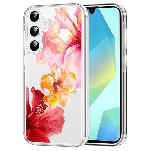 Clear Case for Samsung Galaxy A16 5G 6.7", Aesthetic Cute Hibiscus Floral Pattern Printed, Trendy Flower Design Women Girly, Soft TPU Shockproof Transparent Cover for Samsung A16 5G, Pink Red - color: Hibiscus, size: Samsung Galaxy A16 5G