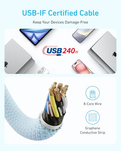 Anker Zolo USB C to USB C Cable, 240W Fast Charging Cable (6 ft, White) - color: White, size: 6ft