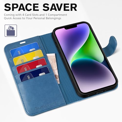 TUCCH Wallet Case for iPhone 14 (6.1") 2022, 4 Card Slots, Lake Blue | RFID Blocking, Viewing Stand, Shockproof TPU Shell, PU Leather, Magnetic Closure, Protective Folio Flip Cover - color: Lake Blue