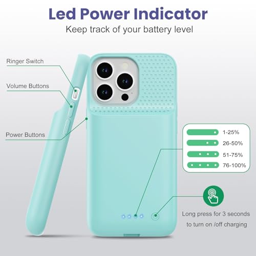 Feob Battery Case for iPhone 15 Pro, [2026 Upgraded] 7500mAh Slim Portable Smart Charging Case Rechargeable Protective Extended Charging Cover for iPhone 15 Pro-Green - color: Green