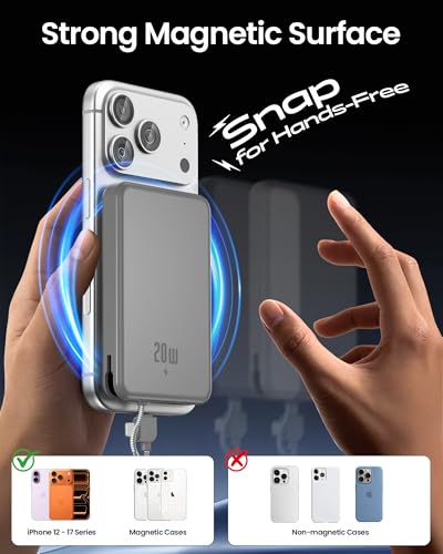 10000mAh Portable Charger, 20W Fast Charging, Built-in Cables with Handle | Charge from 20% to 85% in 30 Mins, 30% Smaller, magnetic grip, Stays Cool, LED Display, for iPhone, Samsung, Android Phones - color: 05.Grey