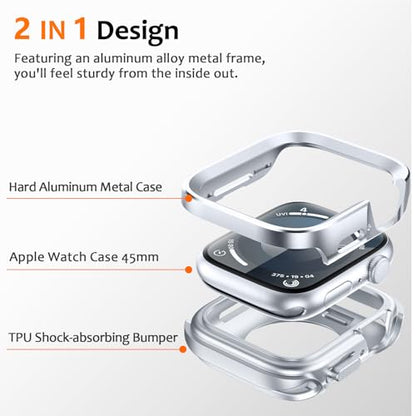 Amizee 2 in 1 Metal Rugged Case Compatible with Apple Watch Series 9/8/7 45mm, Aluminum Shockproof Protective Bumper Cover for iWatch 45mm, Silver - color: Silver, size: 45mm