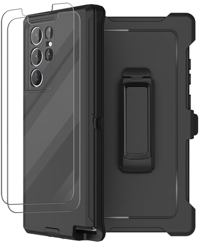 for Samsung Galaxy S22 Ultra Case with Belt Clip Holster, 2X Screen Protector, Military Grade Protection Heavy Duty Full Body Shockproof Rugged Protective Cover for Samsung S22 Ultra 5G Black - color: Black