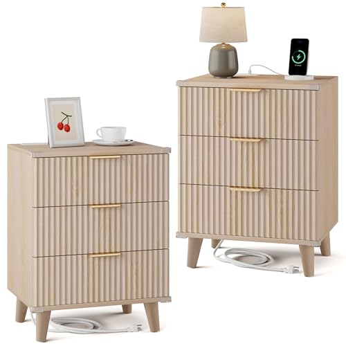 Wood Nightstands Set of 2 w/Charging Station, 3 Drawers Fluted Dresser - color: Natural Oak, size: 3 Drawers-Set of 2 Nightstand