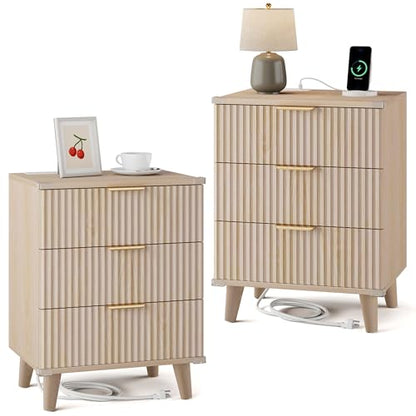 Wood Nightstands Set of 2 w/Charging Station, 3 Drawers Fluted Dresser - color: Natural Oak, size: 3 Drawers-Set of 2 Nightstand