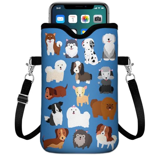 IRADA Neoprene Cell Phone Sleeve Pouch Case Bag with Crossbody Strap Neck Lanyard for Women Men 7.6 X 4.3 Inches-Cute Animal Dogs Shockproof Universal Phone Bag - color: Cute Animal Dogs-Phone Sleeve