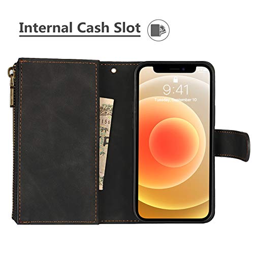 iCoverCase for iPhone 12 Mini Wallet Case with Card Holder and Wrist Strap, PU Leather Kickstand Card Slots Zipper Pocket Magnetic [Detachable] Flip Cover Case 5.4 Inch (Black) - color: Black