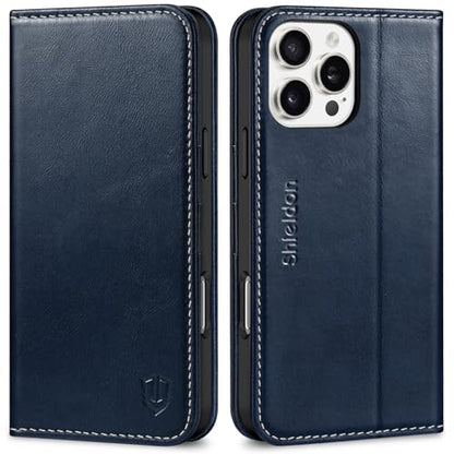 SHIELDON Genuine Leather Wallet Case for iPhone 16 Pro Max, Retro Dark Blue | RFID Blocking, Credit Card Holder, Magnetic Closure, Kickstand, Folio Design, Soft Shock-Absorbent Phone Cover - color: Retro Dark Blue