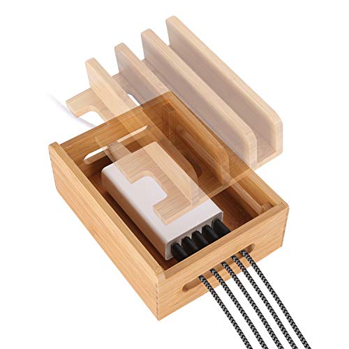 Bamboo Wood Multi-Device Desktop Dock Station Charger Holder Charging Cradle Charge Stand Compatible for iPhone 16 15 14 13 12 11 Pro Max XS XR X iPad 3 4 Mini Pro Air Samsung Huawei Smartphones - color: Small