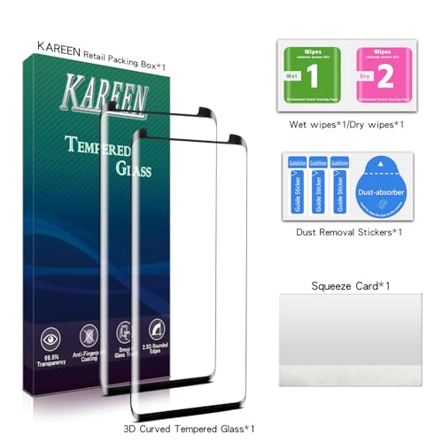 KAREEN 2 Pack Screen Protector for Samsung Galaxy S9 Plus Tempered Glass | 3D Curved Full Coverage Film, 9H Hardness, Anti-Scratch, Case Friendly - size: Galaxy S9 Plus 6.2-inch