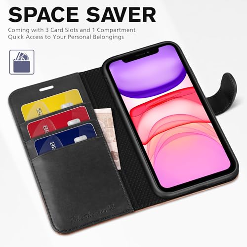 TUCCH Wallet Case for iPhone 11 (6.1") 2019, 3 Card Holders, Black & Brown | RFID Blocking, Viewing Stand, Shockproof TPU Shell, PU Leather, Magnetic Closure, Protective Folio Flip Cover - color: Black & Brown