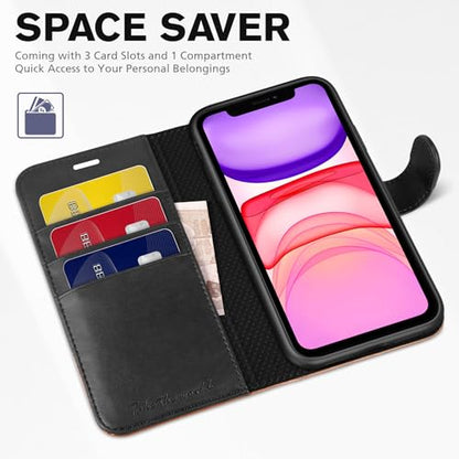TUCCH Wallet Case for iPhone 11 (6.1") 2019, 3 Card Holders, Black & Brown | RFID Blocking, Viewing Stand, Shockproof TPU Shell, PU Leather, Magnetic Closure, Protective Folio Flip Cover - color: Black & Brown