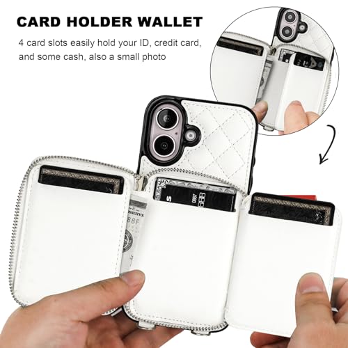 Bocasal Crossbody Wallet Case Card Holder for iPhone 16, White | RFID Blocking PU Leather Zipper Handbag Purse, Kickstand Flip Folio Case with Card Slots Holder Wrist Strap Lanyard 6.1 Inch - color: White