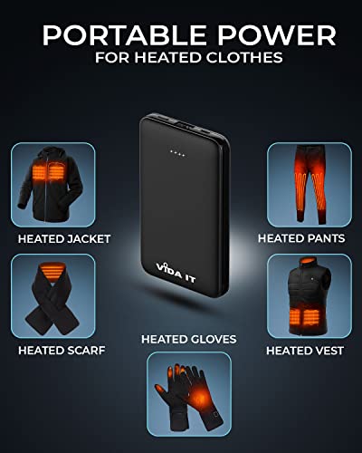 Compact Power Bank Portable Battery Pack for Heated Clothing Vest Jacket Hoodie 5000mAh Pocket Size Portable Charger for iPhone Android Cellphone Portable Battery Charger with Built-In Cable USB/USB-C