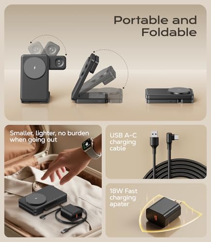 Meifigno 3 in 1 Foldable Wireless Charger for Apple Multiple Devices, Black - color: Black