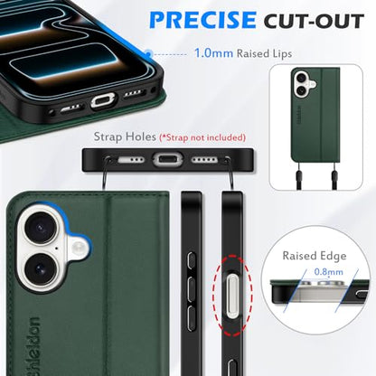 SHIELDON Genuine Leather Wallet Case for iPhone 17 6.3" 2025, Evergreen | RFID Blocking, Credit Card Holder, Magnetic Closure, Kickstand, Folio Design, Full Protection, Shockproof Phone Cover - color: Evergreen