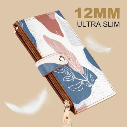 Travelambo RFID Wallet Women Large Size Bifold Multi Card Wallet Case with Zipper Pocke Credit Card Holder for Women - color: Brown Desert Leaf