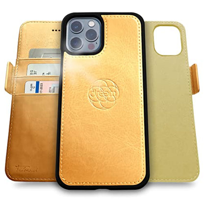 Dreem Vegan Leather Magnetic Detachable Wallet Case for iPhone 13 Pro Max | Built-in Phone Stand, RFID Blocking Card Holder Flip Cover, MagSafe Compatible, Gift Box [Fibonacci: Gold] - color: Gold, size: iPhone 13 Pro Max