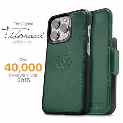 Dreem Vegan Leather Magnetic Detachable Wallet Case for iPhone 13 Green | Built-in Phone Stand, RFID Blocking Card Holder Flip Cover, MagSafe Compatible, Gift Box [Fibonacci: Green] - color: Green, size: iPhone 13