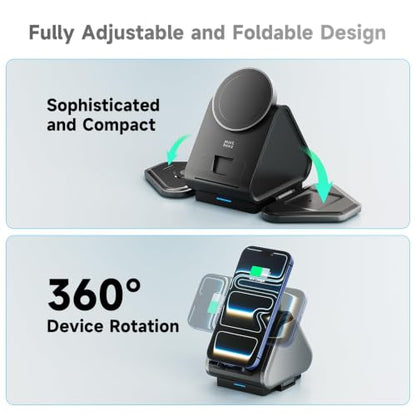 3 in 1 Charging Station, Mag Safe Wireless Charger Stand, Qi2-enable, 15W Multiple Device Magnetic Charging Station for iPhone 16,15,14,13,12 Series, Apple Watch, AirPods (USB-C Charger Included)