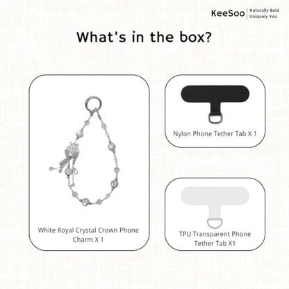 White Royal Crystal Crown Original Design Phone Charm with 2 Tether Tabs – Stylish, Durable, and Hands-Free Phone Chain – Compatible with iPhone, Samsung, Pixel & More - color: 08 White Royal Crystal Crown