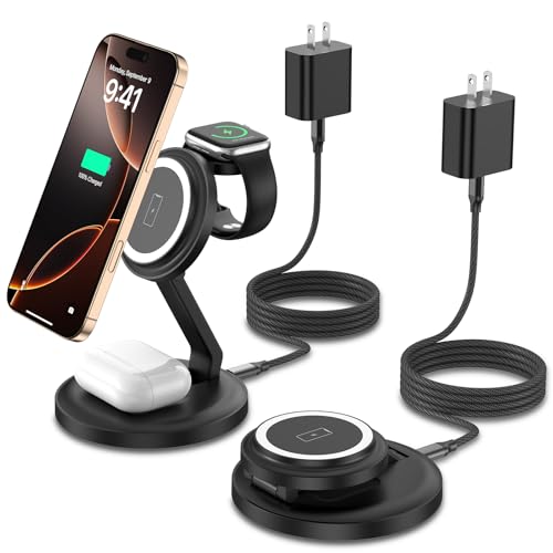 3 in 1 Foldable Wireless Charger iPhone Charging Station, 2Pack Magnetic Stand Wireless Charger Dock for Apple Multple Devices, with PD Adapter and USB C Cable for iPhone, iWatch & Airpods All Series