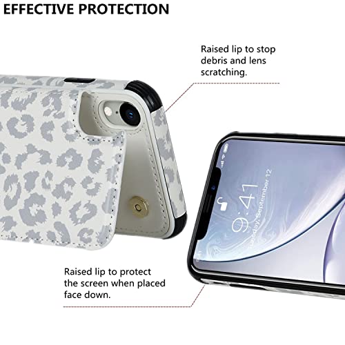 iCoverCase Compatible with iPhone XR Wallet Case with Card Holder and Wrist Strap, RFID Blocking Card Slots PU Leather Kickstand Protective Phone Case (Gray Leopard)