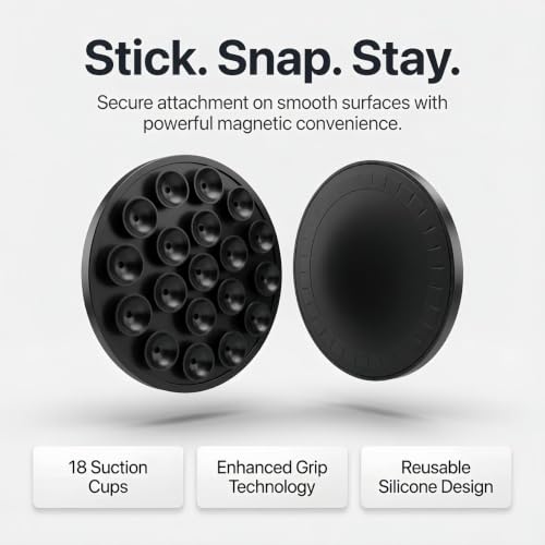 Magnetic Suction Phone Mount - Black Silicone Holder with Strong Suction for iPhone & Android - Versatile Use on Mirror, Glass, Car & Gym