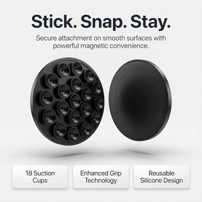 Magnetic Suction Phone Mount - Black Silicone Holder with Strong Suction for iPhone & Android - Versatile Use on Mirror, Glass, Car & Gym