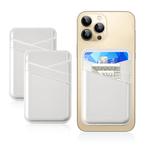 SHANSHUI Phone Wallet, Leather Phone Card Holder Strong Adhesive Stick on Credit ID Business Card Pocket for Back of Cellphone Compatible with iPhone, Most Smartphones, White 2 Pack - color: White+White