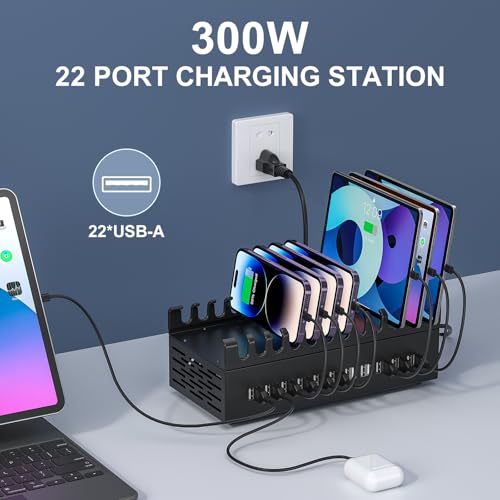 300W USB Charging Station, ALI SEA 22 Port USB Fast Charging Station for Multiple Devices, Multi Charger Station Organizer Compatible with Cellphone, Tablet, Kindle, iPad and More