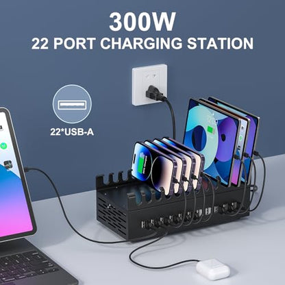 300W USB Charging Station, ALI SEA 22 Port USB Fast Charging Station for Multiple Devices, Multi Charger Station Organizer Compatible with Cellphone, Tablet, Kindle, iPad and More