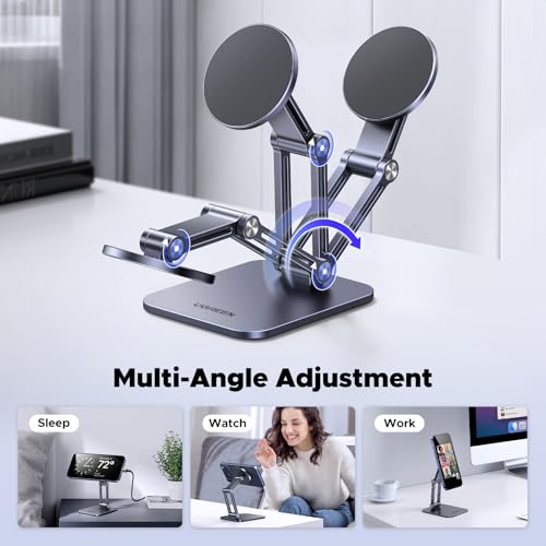 UGREEN Magnetic Phone Stand Compatible with MagSafe Holder for Desk Ergonomic Design Adjustable, Aluminum Cell Phone Stand Compatible for iPhone 17 Air 16 15 14 13 12 Pro Max and MagSafe Case, Grey - color: Grey