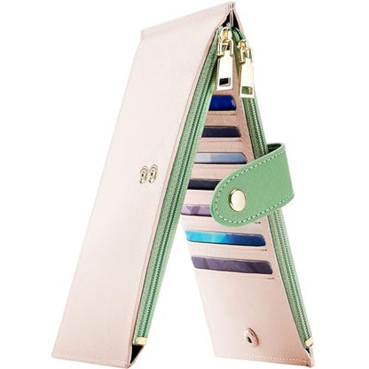 Travelambo RFID Wallet Women Bifold Multi Card Wallet Case with Zipper Pocke Credit Card Holder for Women - color: Beige & Sage Green