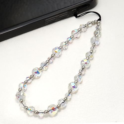 Crystal & Pearl Phone Charm Wrist Strap, Beaded Lanyard Wristlet Chain, Hands-Free Bracelet Strap for Phone Cases - color: Crystal