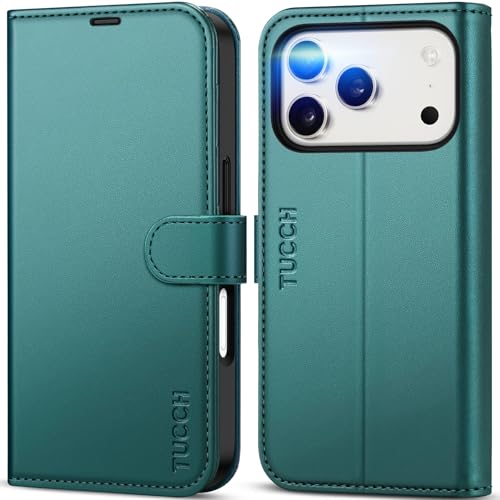 TUCCH Case Wallet for iPhone 17 Pro 6.3", RFID Blocking Folio, Bluish Green | 4 Card Holders, Kickstand, PU Leather, Magnetic Closure, Shockproof TPU Shell, Protective Flip Cover - color: Bluish Green