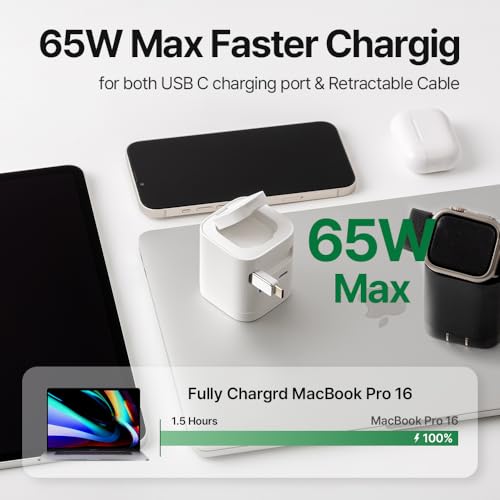 65W Retractable USB-C PD Charger with Built-in Apple Watch Charger - color: Black