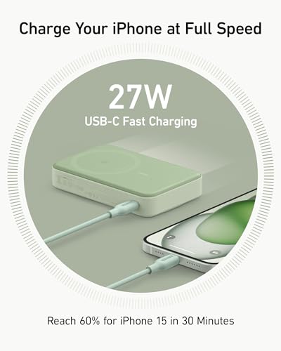 Anker MagGo Power Bank, 10,000mAh Qi2-Certified 15W Max Portable Charger | Fast MagSafe-Compatible Battery Pack, Smart Display, Foldable Stand, for iPhone 16 / 15 / 14 / 13 Only (USB-C Cable Included) - color: Green