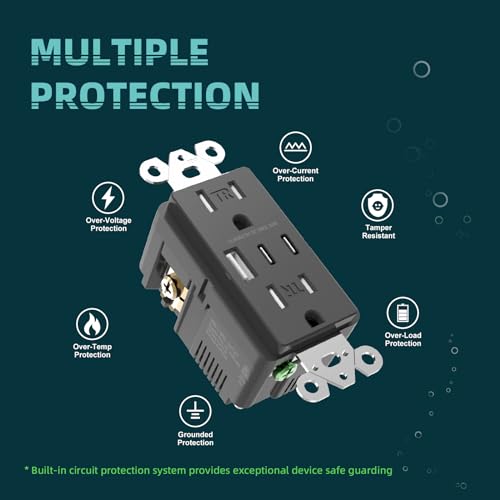 TOPELER 6.0A USB C Wall Outlet, 15A TR Receptacle with USB-C/A Ports, Balck - color: Black, size: 15A